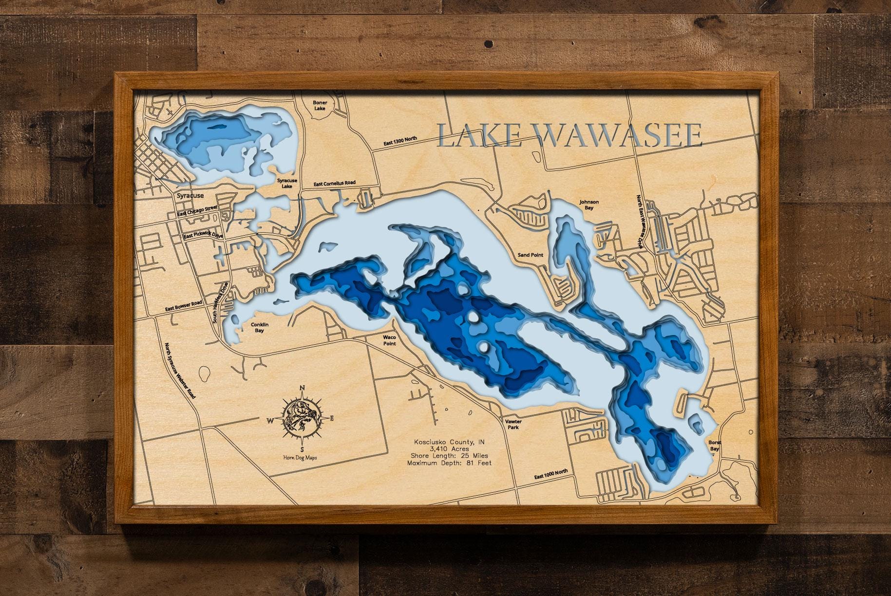 Lake Wawasee, Indiana - High Definition 3D Wood Map – Custom Lake Art, Bathymetric & Topographic Wall Decor