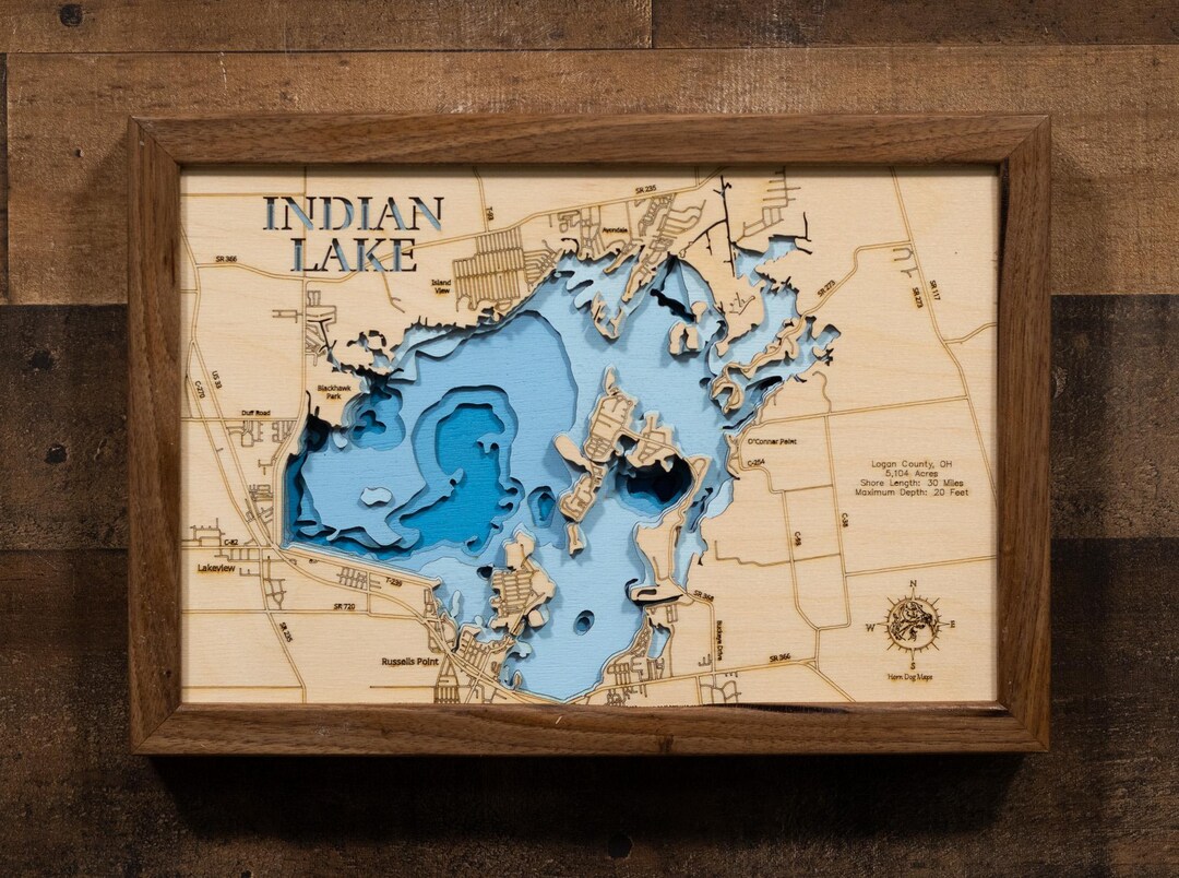 Indian Lake, Logan County Ohio 3D Wood Map – Custom Topographic Lake ...