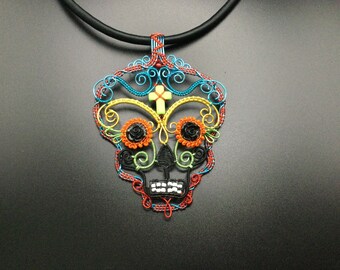 Sugar Skull Multicolored Wire Wrap Detailed Weave (Red Blue Gold Green Black) Dia de los Muertos Day of the Dead Necklace Pendant Halloween