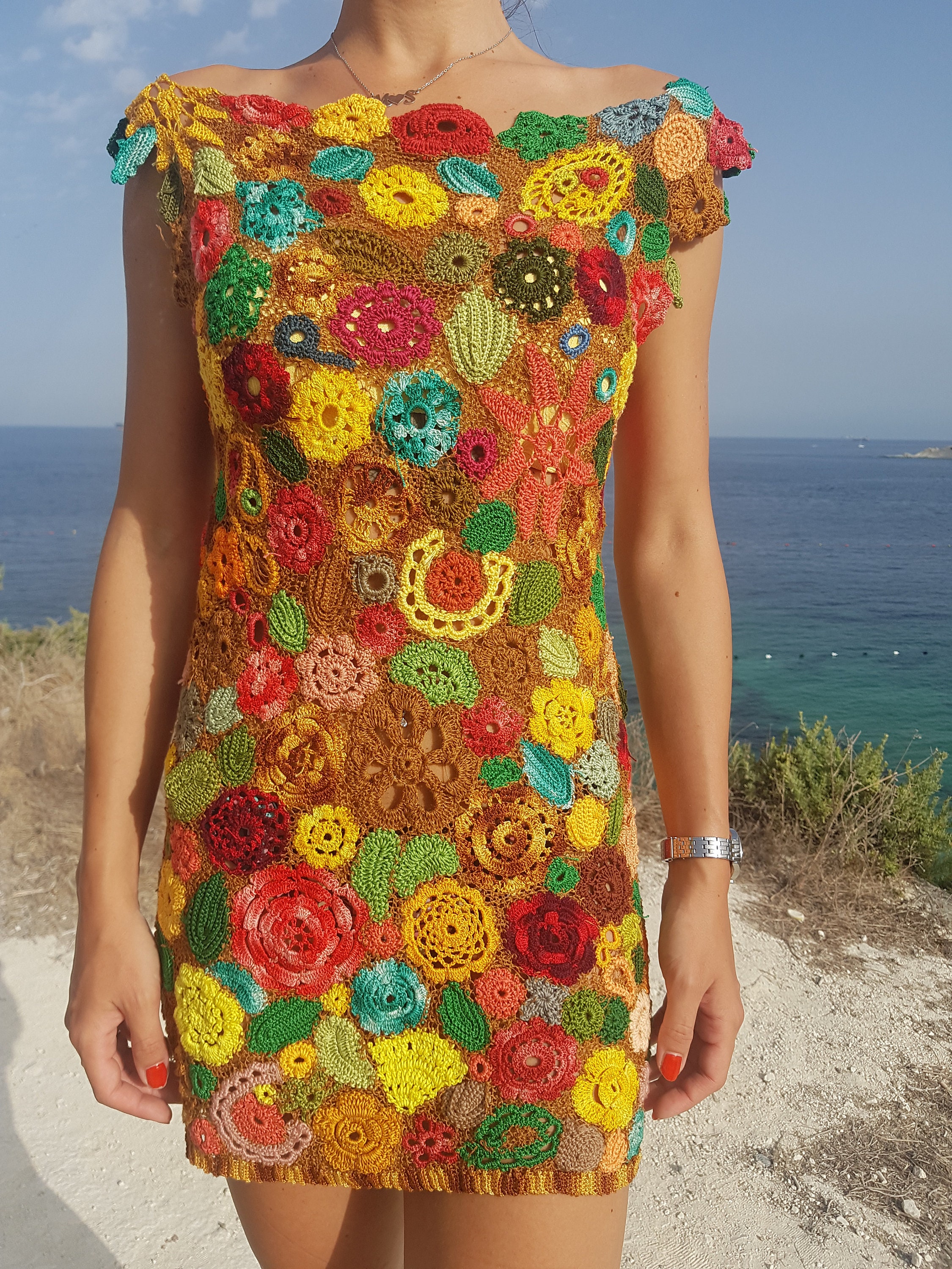 Unique Woman Knitt Dress Crochet Flower Dress Summer Colorit - Etsy