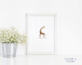 Hand drawn watercolor baby giraffe, whimsical jungle art, giraffe art print, baby giraffe nursery art, gender neutral wall art