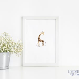 Hand drawn watercolor baby giraffe nursery art, whimsical jungle giraffe art print, gender neutral wall art