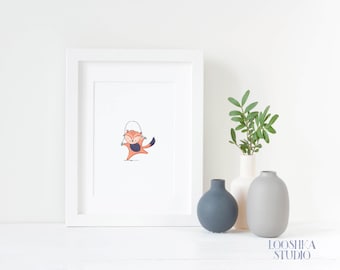 Woodland fox art print, baby nursery art, whimsical children's wall art hand drawn watercolor