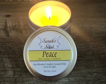 Peace Candle-Scented Candle-Frankincense Oil-Patchouli Oil-Soul Candles-Small Candle in tin-Love and Light-Heart Candles-Candle Gifts