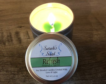 Refresh Candle-Peppermint and Eucalyptus-Candle Tin-Gift any occasion-Green heart Candle-Metal Tin-Small Candle-Soul Candles-Candle Gifts