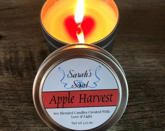 AppleHarvest Candle-Scented Candle-Candle Gifts-Heart Candle-homemade candles-Soy blend candles-round tins-Holiday scent-Love and Light