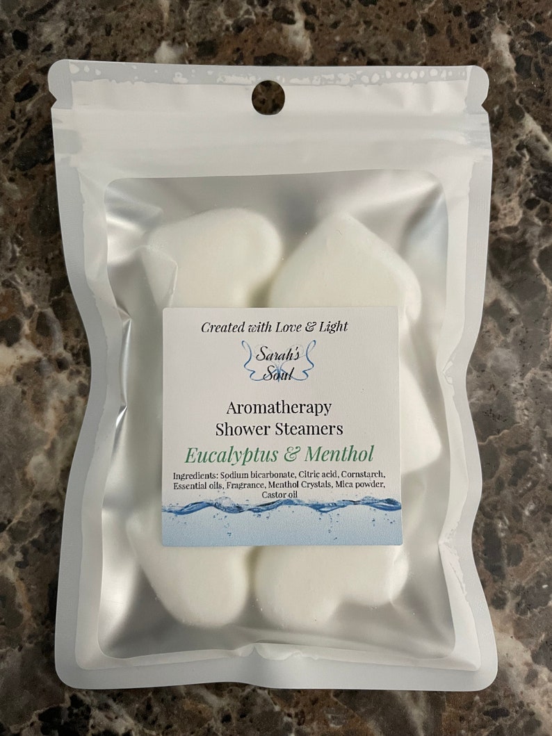 Shower Steamers eucalyptus,peppermint,lavender,grapefruit,sweet orange,lemon, all made with menthol crystals. 6 steamers per bag. image 3