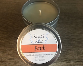 Faith Candle-scented candle-love and light-orange heart candle-candle in tin-essential oils-reiki blessed candle