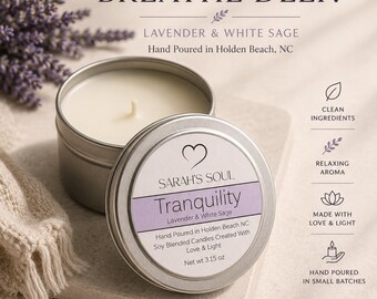 Tranquility Candle-White Sage and Lavender Candle-Scented Candle-Relaxation and meditative candle-Candle in Tin-Purple Heart-Soul Candle