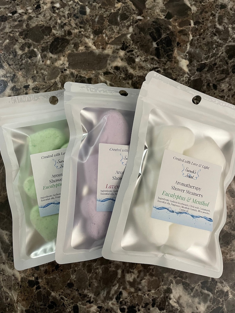 Shower Steamers eucalyptus,peppermint,lavender,grapefruit,sweet orange,lemon, all made with menthol crystals. 6 steamers per bag. image 1