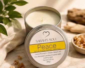 Peace Candle-Scented Candle-Frankincense Oil-Patchouli Oil-Soul Candles-Small Candle in tin-Love and Light-Heart Candles-Candle Gifts