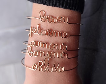 Bracelet jonc message personnalisable, bracelet prénom, mot personnalisé, fil or ou argent, cadeau femme, demoiselle d’honneur, mariage