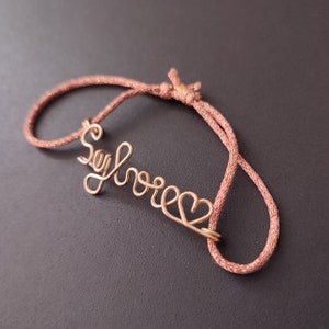 Bracelet message ou prénom personnalisé avec cordon brillant, choix de coloris, rose, doré, noir , taille ajustable, cadeau saint valentin image 2