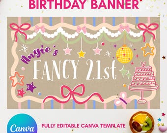 Banner de cumpleaños de Fancy Nancy / Decoración para fiesta de coqueta (Plantilla de Canva de 90 x 150 cm)