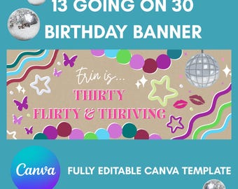 Pancarta de cumpleaños "13 Going on 30" / Decoración de fiesta en papel kraft sintético (Descarga digital)