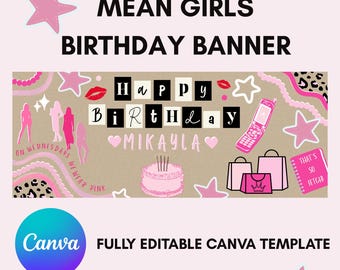 Banner de decoración de cumpleaños inspirado en MEAN GIRLS / Plantilla editable de Canva