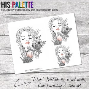 Op de afbeelding: Printbare kleurplaat met een vrouw met gesloten ogen, lang krullend haar en een bloemenontwerp rond haar hoofd. Ze houdt een flesje parfum vast. De tekst "Inhale" staat onderaan de pagina.