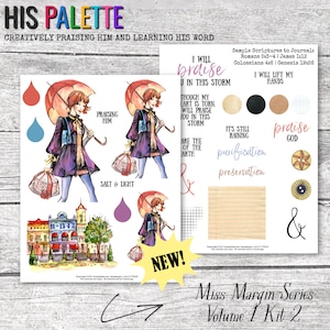 May include: A digital scrapbooking kit with watercolor illustrations of a woman in a purple coat and a red umbrella, a cityscape, and various other elements. The kit includes the text "I will praise you in this storm" and "Salt & Light".