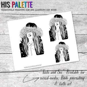 Könnte beinhalten: Schwarz-weiß druckbare Illustration einer Frau, die einen Wintermantel mit Pelzkapuze trägt. Die Frau schaut nach oben und ihr Mund ist offen. Der Text "Taste and See" Printable for mixed-media, Bible journaling & faith-art befindet sich am unteren Rand des Bildes.
