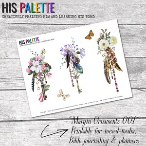 May include: Three printable margin ornaments featuring keys, feathers, flowers, and butterflies. The ornaments are designed for mixed-media, Bible journaling, and planners. The text "Margin Ornaments 001" is printed at the bottom of the page.