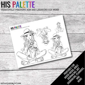 Puede incluir: Una página para colorear imprimible en blanco y negro con una niña con una cámara y un sombrero. El texto "HIS PALETTE" y "CREATIVELY PRAISING HIM AND LEARNING HIS WORD" está en la parte superior de la página. El texto "PRINTABLE FOR MIXED-MEDIA, BIBLE JOURNALING, ART JOURNALING, PLANNERS, AND MORE" está en la parte inferior de la página.