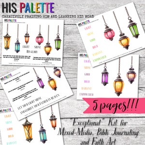 Puede incluir: Cinco páginas con ilustraciones en acuarela de linternas coloridas colgadas de cadenas. El texto incluye frases como «Luz», «Brillar» y «Su Gloria», además de «Kit excepcional para Mixed-Media, Bible Journaling y Faith Art».