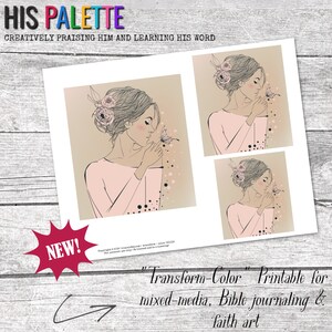 Op de afbeelding: Printbare kunst met een vrouw met bloemen in haar haar, die naar een vlinder kijkt. De afbeelding is in tinten roze, bruin en wit. De tekst "Transform-Color" is onder de afbeelding gedrukt.