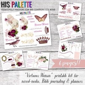 May include: A printable kit for Bible journaling and planners with the theme "Virtuous Woman". The kit includes six pages of illustrations and text, including a woman with a crown, a bird, a butterfly, and flowers. The text includes the phrase "Virtuous Woman" and "Proverbs 31".