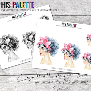 Pode incluir: Um conjunto de impressões de arte com ilustrações em aquarela de mulheres com cabelo azul encaracolado e laços rosa. As impressões incluem o texto "HIS PALETTE" e "Good Hair Day-Light Bundle para mixed-media, Bible journaling & planners."