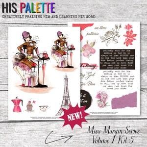 Puede incluir: Un kit de scrapbooking digital con una ilustración de acuarela de una mujer sentada en una mesa con una taza de café y un cupcake. El kit incluye una variedad de imágenes y elementos de texto, incluyendo una cita sobre esperar el tiempo de Dios. El kit se titula "Miss Margin Series Volume 1 Kit 5".