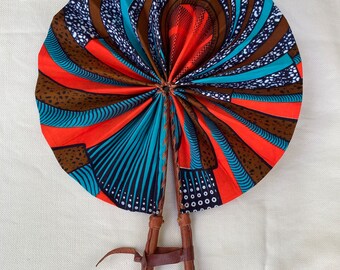 African Print Hand Fan: Handmade Leather Wrapped Wooden Handle