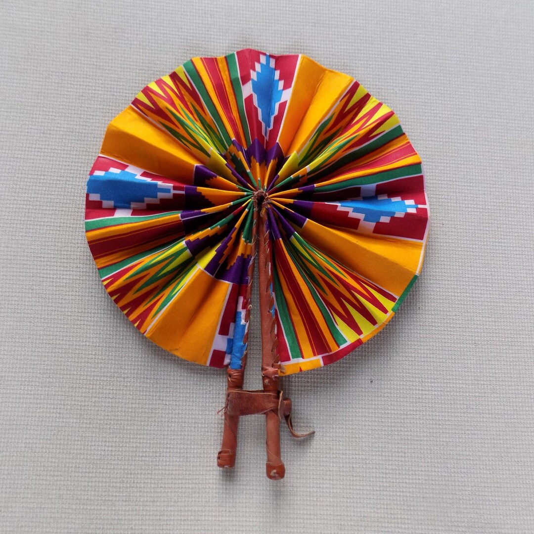Women’s Leather Handle  African Fabric Fan with Multicolor Fabric Panels African Print Fabric Fan: Handmade Folding Fan With Leather  main image 3