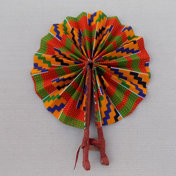 Women’s Leather Handle  African Fabric Fan with Multicolor Fabric Panels African Print Fabric Fan: Handmade Folding Fan With Leather  main image 4