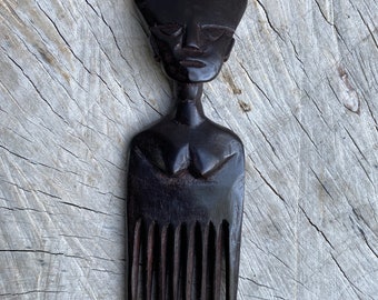 Handcarved Ebony Afro Pick: African Wooden Comb