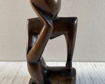 Hand Carved Ebony Wood Thinker Statue: African Art Desk Decor