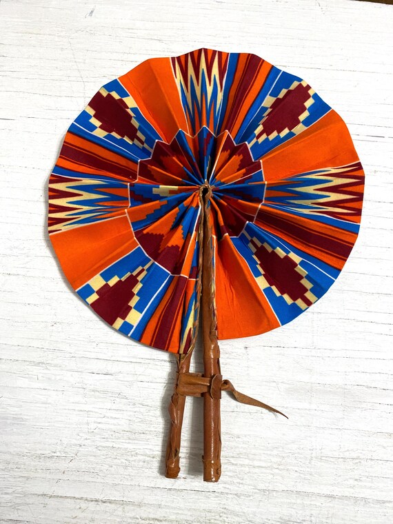 African Print Fabric Fan: Leather Wrapped Wood Handle  display picture 1