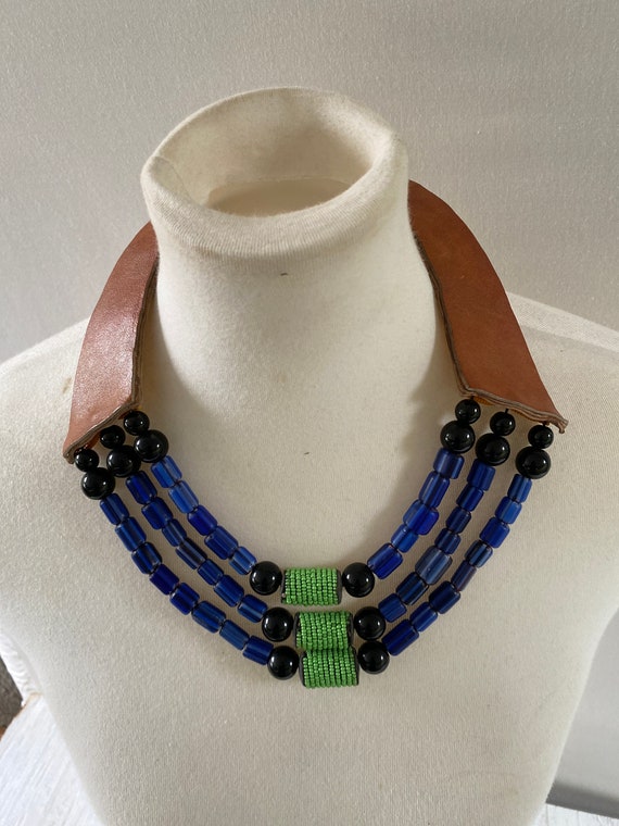 Vintage Beads and Leather Choker/ Decorative Neck… - image 1