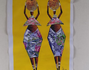 African Women Acrylic Painting on Canvas with Print Fabric