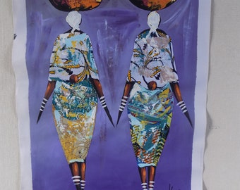 African Women Acrylic Painting on Canvas with Print Fabric