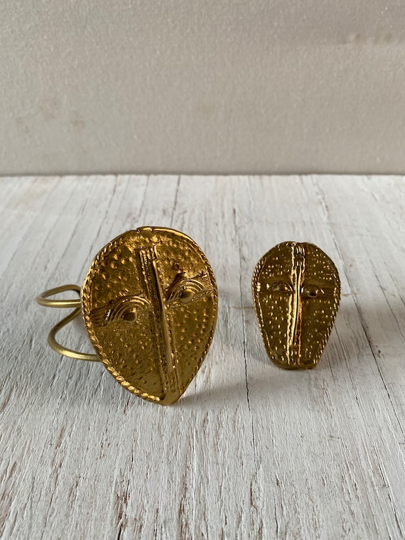 African Brass Cuff and Ring Set: Tribal Mask Jewelry