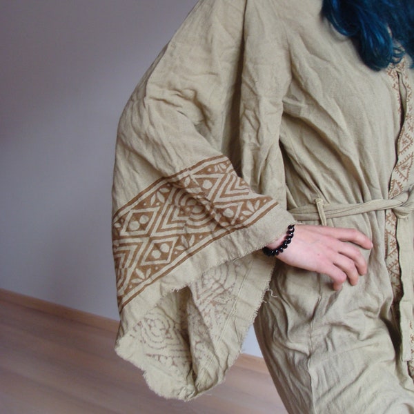 Raw Cotton Block Print Kimono, Bell Sleeve Robe, Boho Dress, Ibiza, India, Japan, Burning Man, Artist Coat