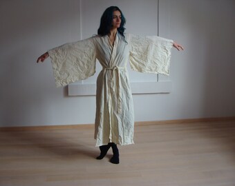 Raw Cotton Robe with Bell Sleeves Boho Kimono Dress Ibiza India Japan Vintage Burning Man Artist Coat Frida Kahlo Khadi