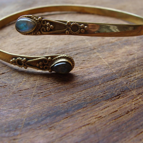 Brass upper bangle with labradorite moonstone onyx pearl jade malachite carnelian amethyst