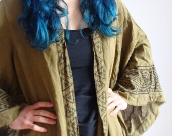 Kimono imprimé bloc de coton brut, Robe à manches cloche, Robe Boho, Ibiza, Inde, Japon, Burning Man, Manteau d'artiste