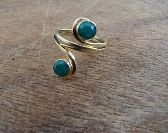 Goa brass rings hippie curved with two precious stones garnet malachite moonstone labradorite tiger eye