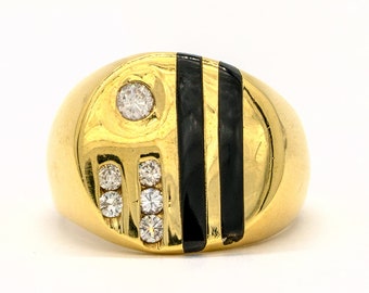 14KT Yellow Gold 0.46CTW Round Brilliant Cut Channel Set Natural Diamond and Onyx Mens Ring