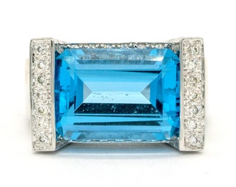 14KT White Gold 9.92CTW Emerald Cut Channel Set Natural Blue Topaz and Diamond Ring