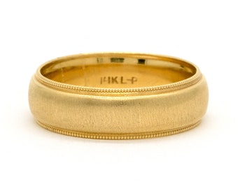 Brushed Finish Milligrain Design Men's 14KT Yellow Gold Wedding Band