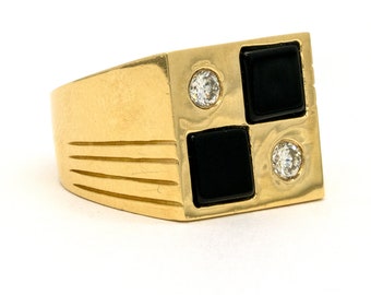 14KT Yellow Gold 0.35CTW Round Brilliant Cut Bezel Set Natural Diamond and Onyx Mens Ring