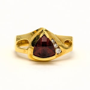 14KT Yellow Gold 1.07CTW Trillion Cut Channel Set Faceted Top Natural Red Garnet and Diamond Ring